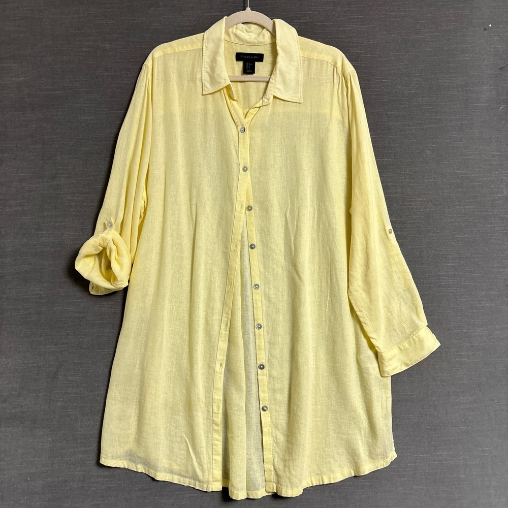 Tahari Top XL Yellow Linen Roll Tab Tunic Casual Button Up Beach Cover Coastal